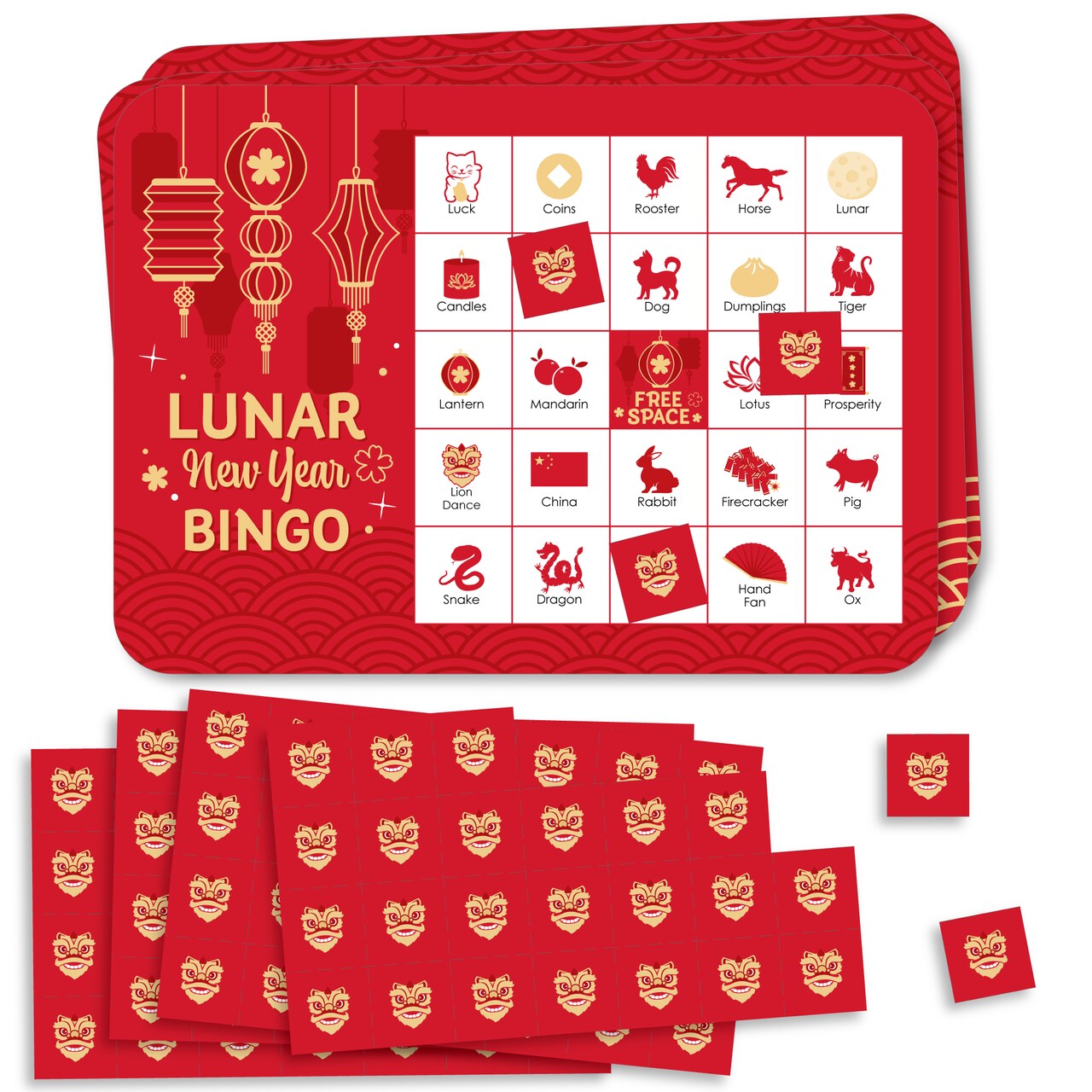 Big Dot of Happiness Lunar New Year - Picture Bingo Cards and Markers - Bingo Game - Set of 18